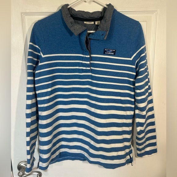 L.L. Bean Tops - L.L. Bean Blue White Striped Cotton Henley Long Sleeve Size Medium 1/4 Button
